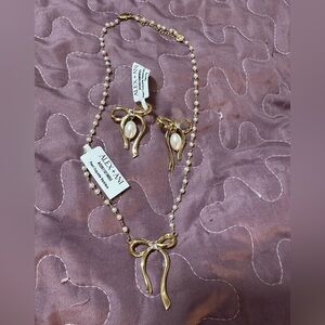 ALEX AND ANI Coquette Gold Bow Pearl and CZ Necklace & Earring Set